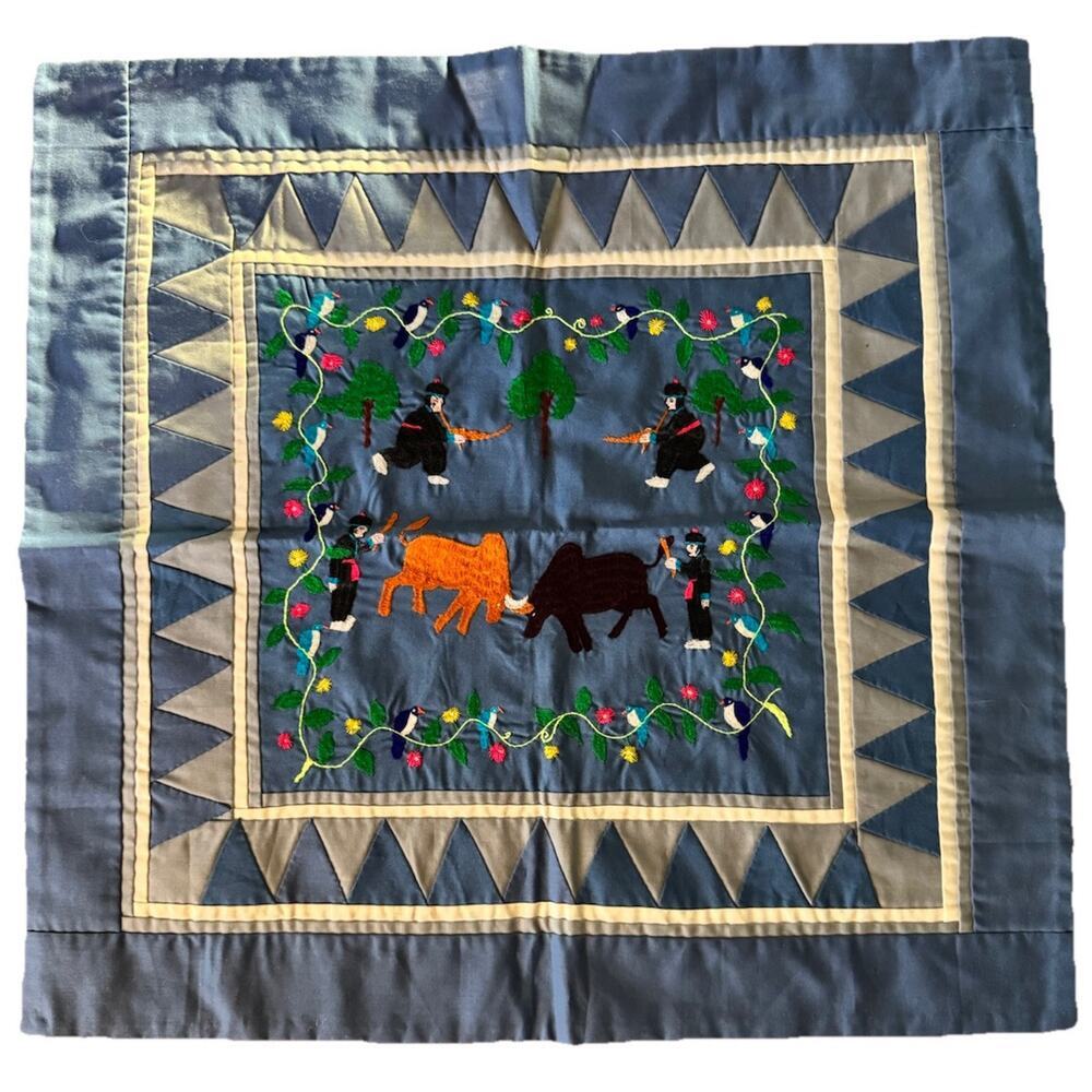 Hmong Embroidrered Folk Story Cloth Handmade Wall Hanging Birds, Men, & Guars
